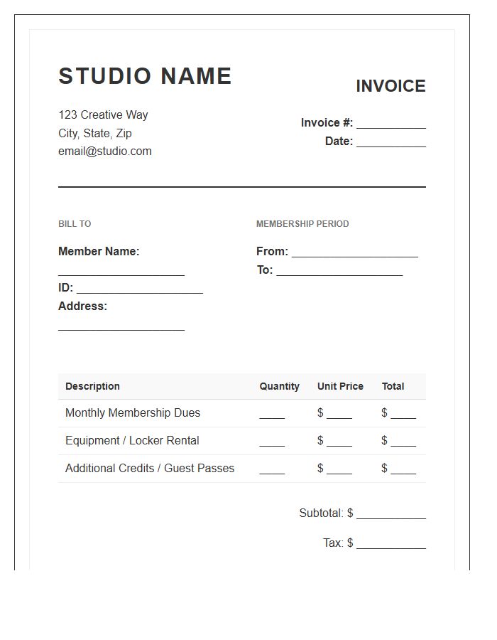 Studio Membership Dues Invoice Template