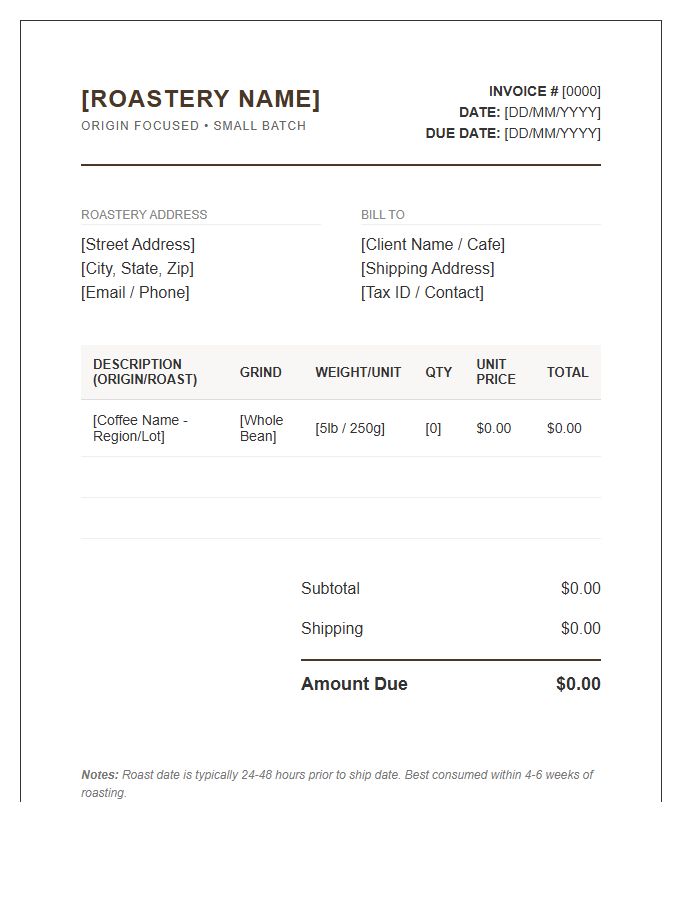 Specialty Roastery Sales Invoice Template