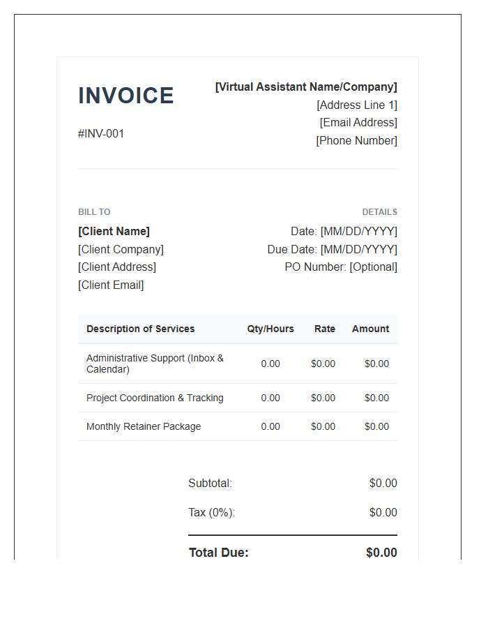 Corporate Virtual Assistant Invoice Template