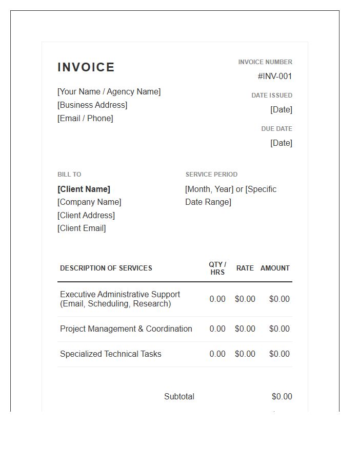 Executive Virtual Assistant Invoice Template