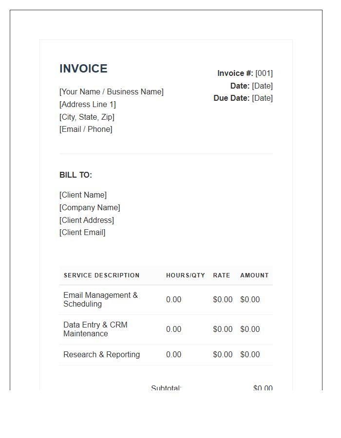 Virtual Assistant Administrative Services Invoice Template