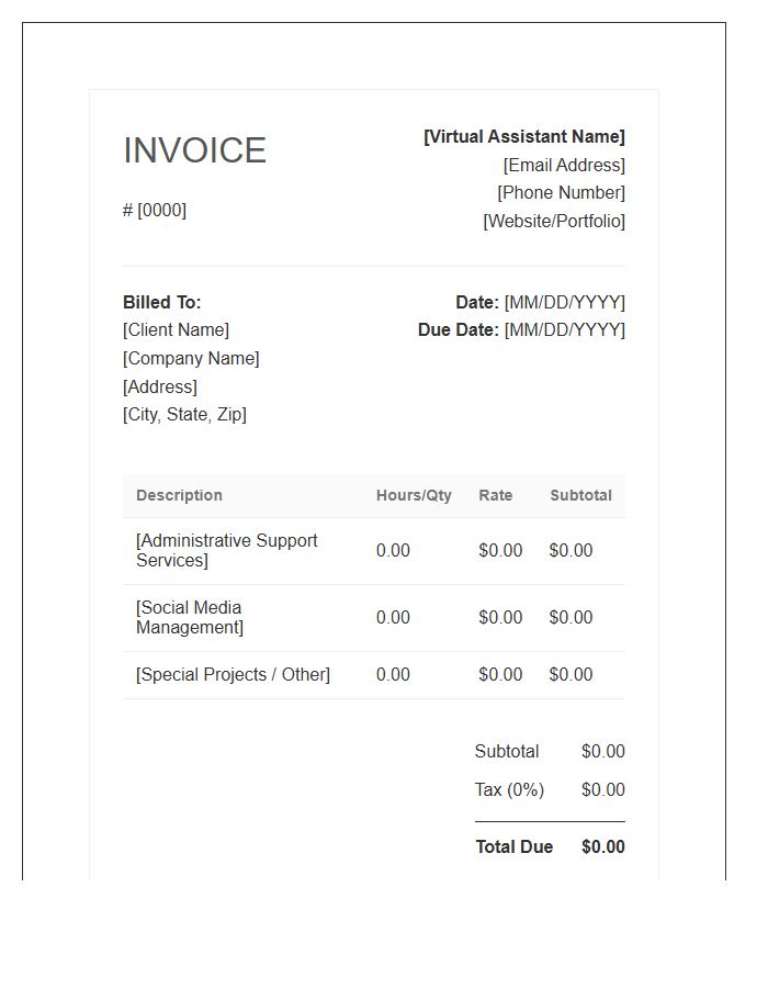 Virtual Assistant Billing Statement Invoice Template