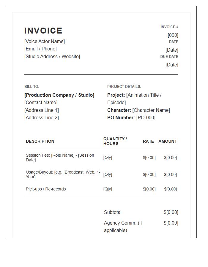 Animation Voice Actor Invoice Template