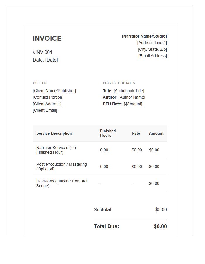 Audiobook Narrator Service Invoice Template