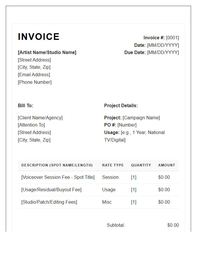 Commercial Voiceover Artist Invoice Template