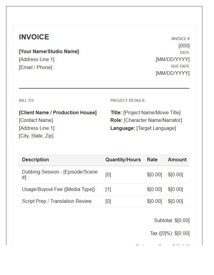 Dubbing Voice Artist Invoice Template