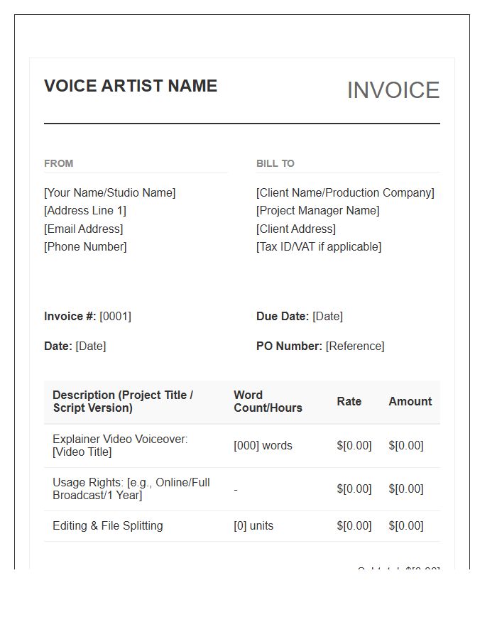 Explainer Video Voiceover Invoice Template