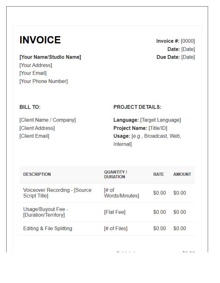 Foreign Language Voiceover Invoice Template