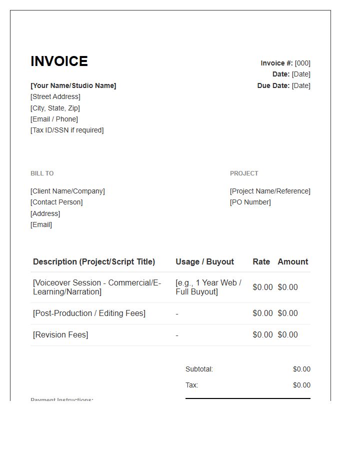 Independent Voiceover Contractor Invoice Template