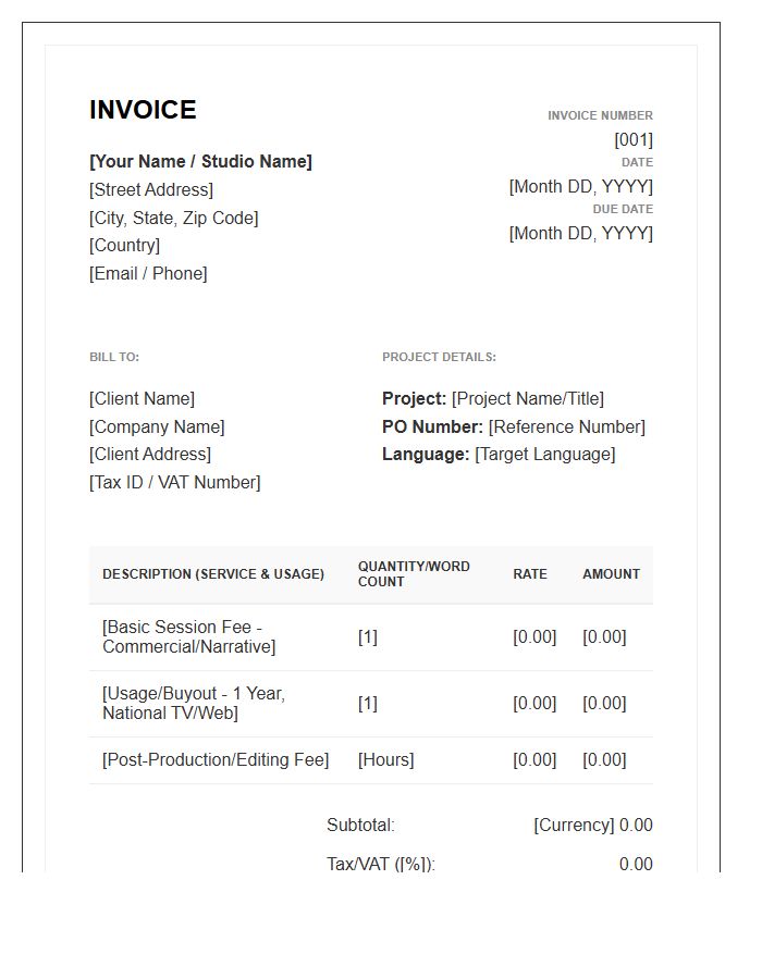 International Voiceover Talent Invoice Template
