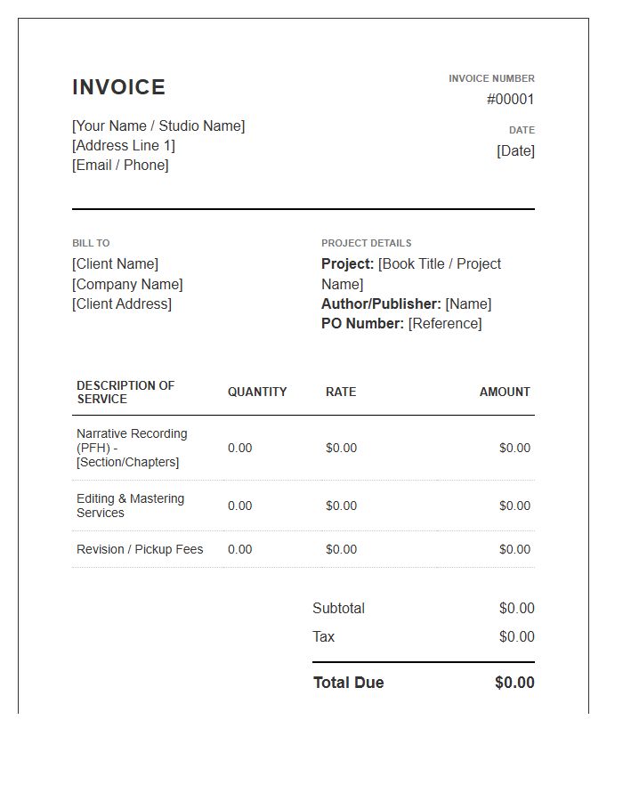 Narrative Voice Talent Invoice Template