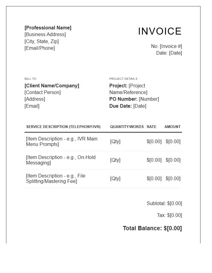 Telephony Voiceover Professional Invoice Template
