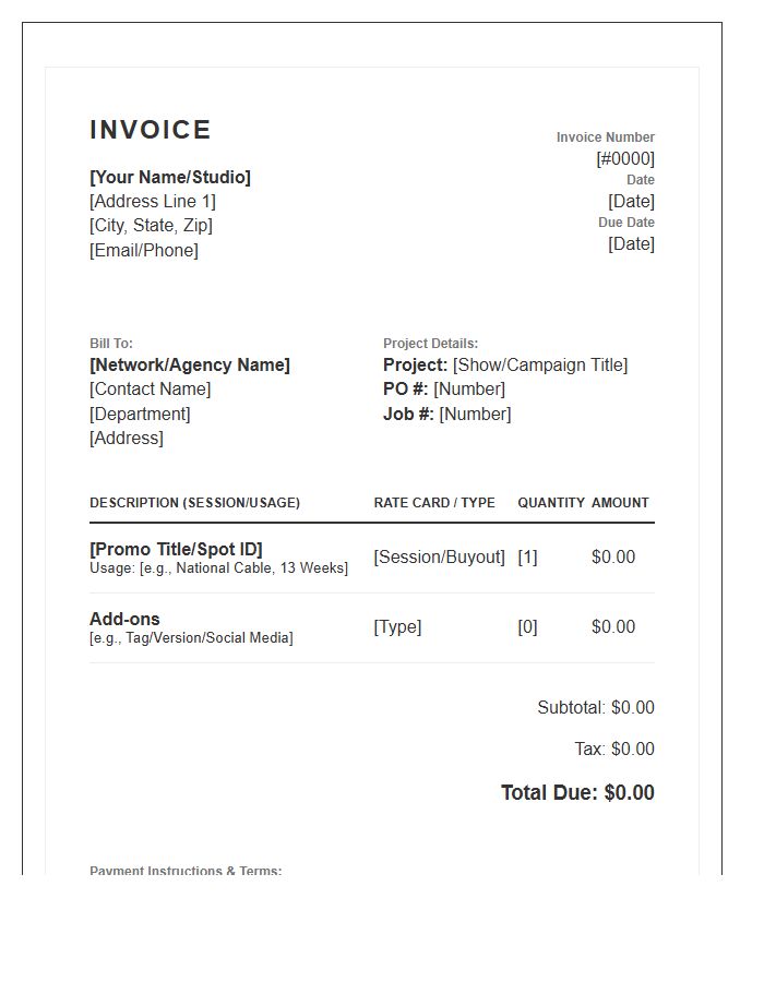 Television Promo Voiceover Invoice Template