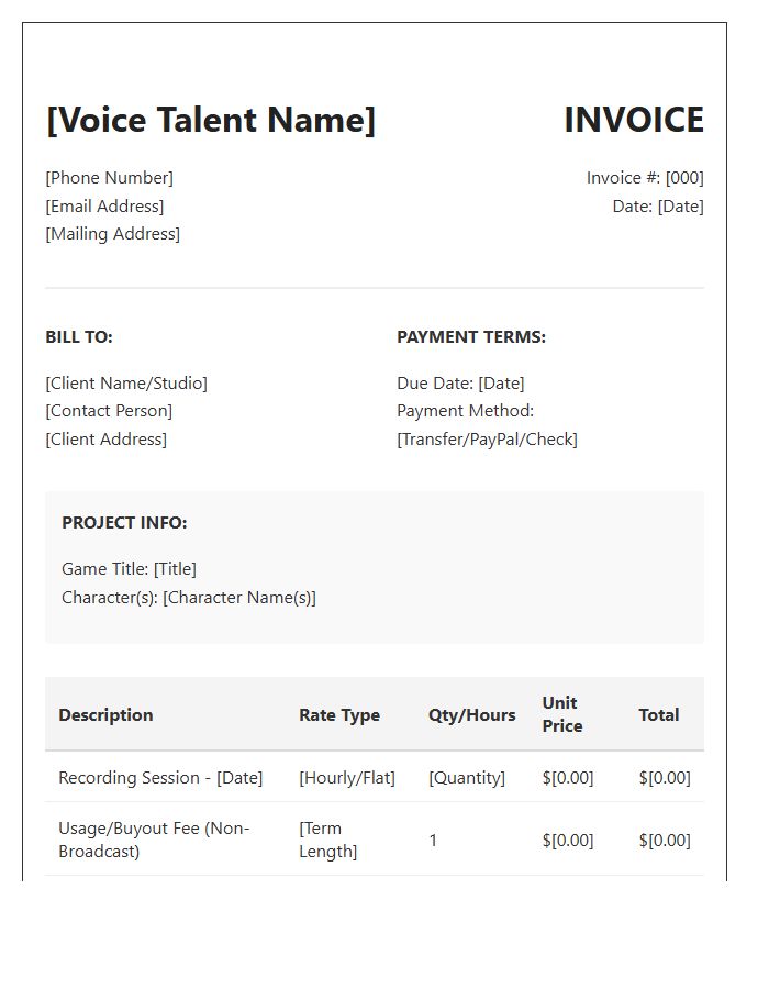 Video Game Voice Talent Invoice Template