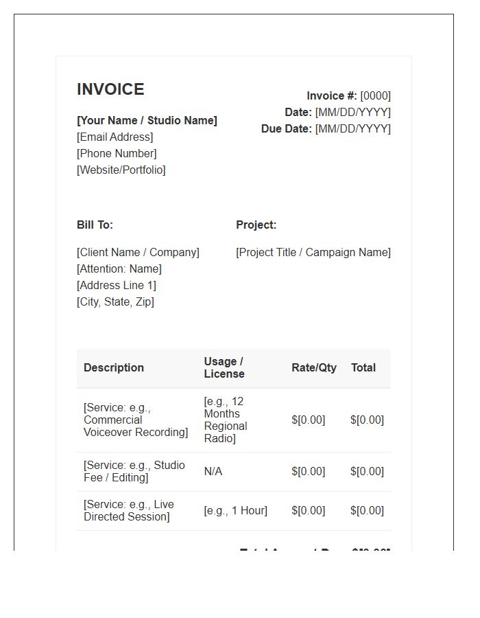 Voice Actor Service Invoice Template
