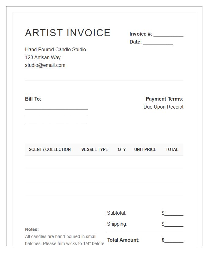 Hand Poured Candle Artist Invoice Template