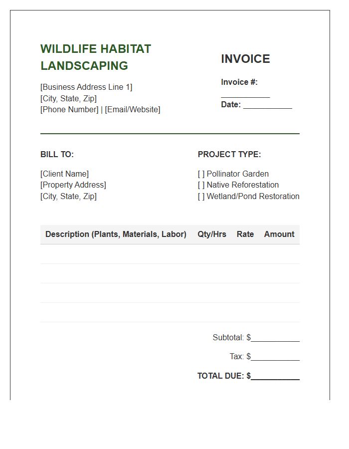 Wildlife Habitat Landscaping Invoice Template