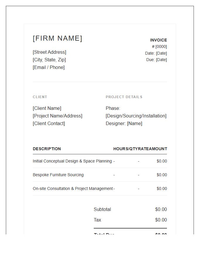 Boutique Interior Decorator Firm Invoice Template