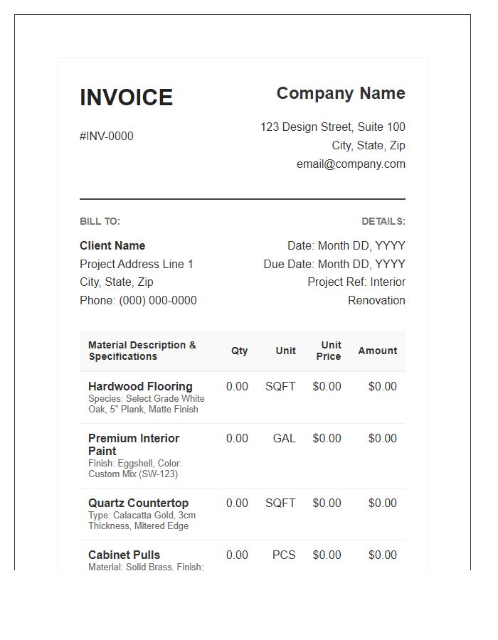 Detailed Interior Decoration Materials Invoice Template