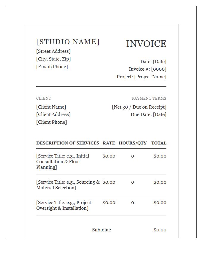 Formal Interior Decorator Service Invoice Template