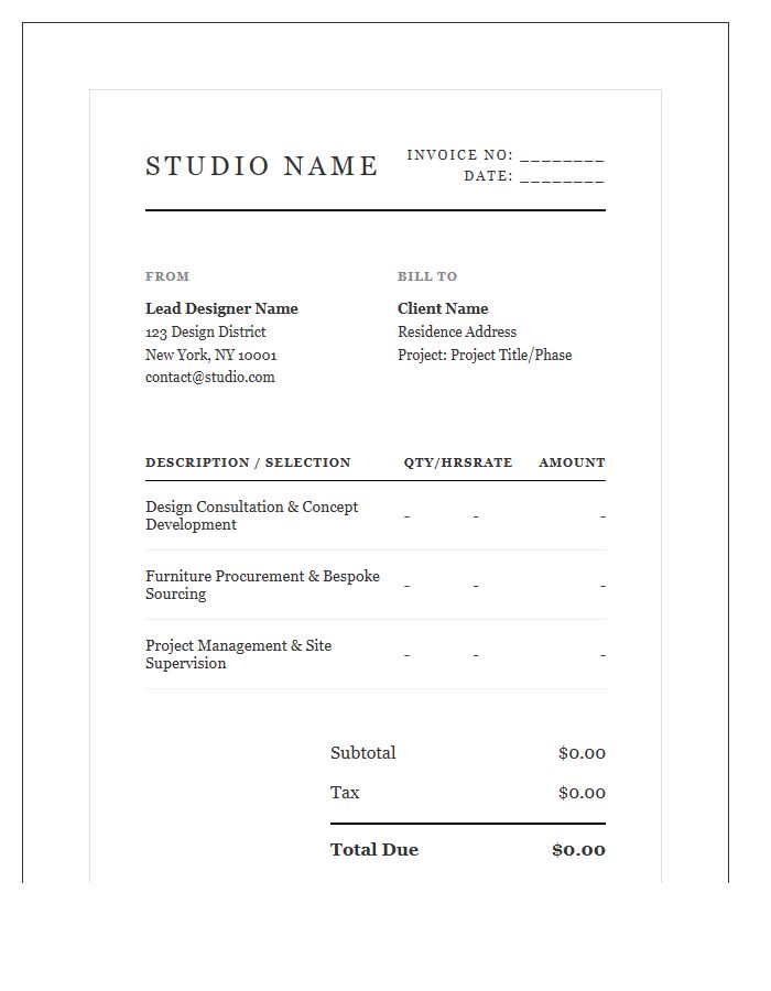High End Interior Decorator Invoice Template