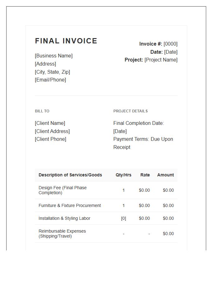 Interior Decorator Final Payment Invoice Template