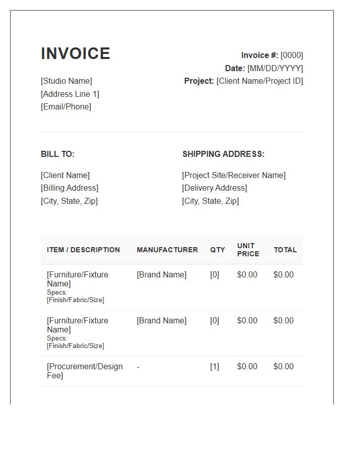 Interior Decorator Furnishing Procurement Invoice Template