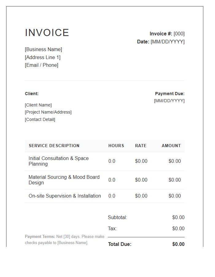 Interior Decorator Hourly Rate Invoice Template