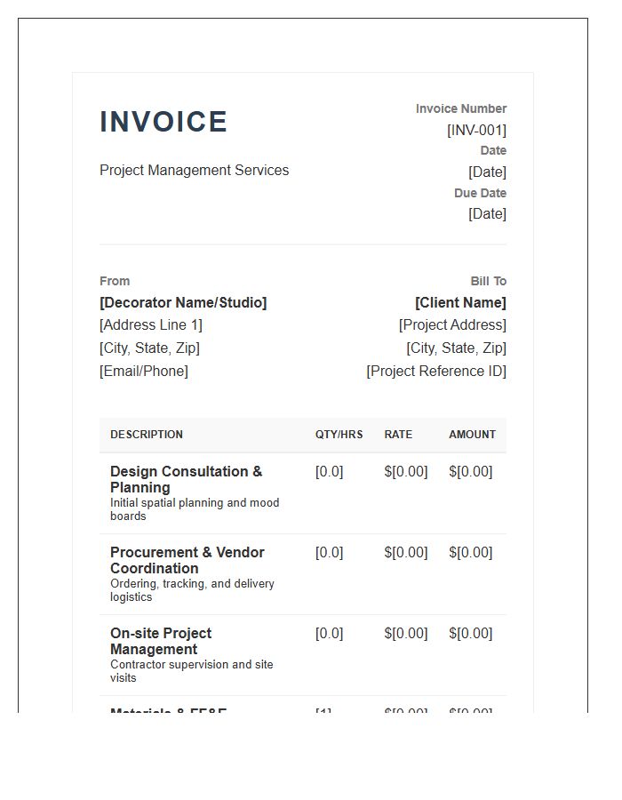 Interior Decorator Project Management Invoice Template