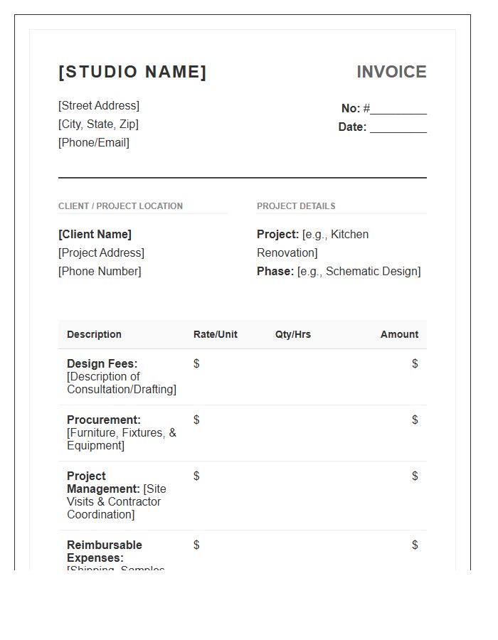 Interior Decorator Renovation Billing Invoice Template