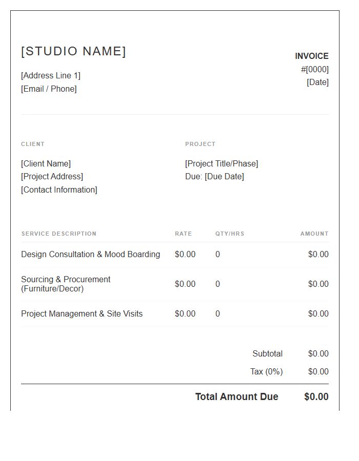 Minimalist Interior Decorator Design Invoice Template