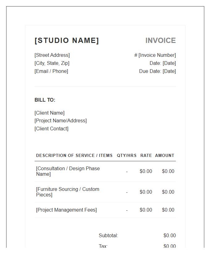 Modern Interior Decorator Professional Invoice Template