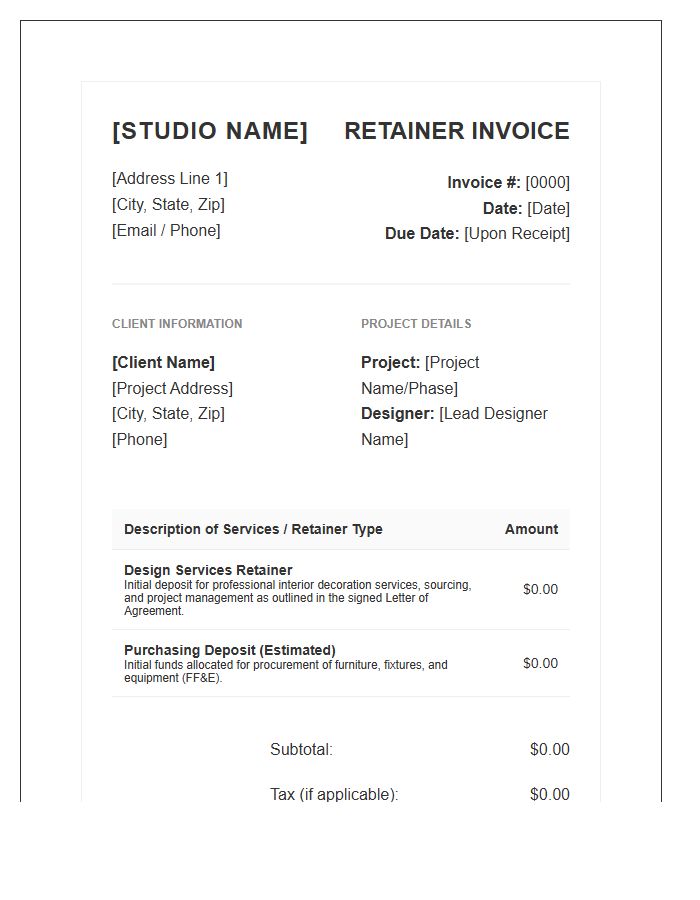 Professional Interior Decorator Retainer Invoice Template