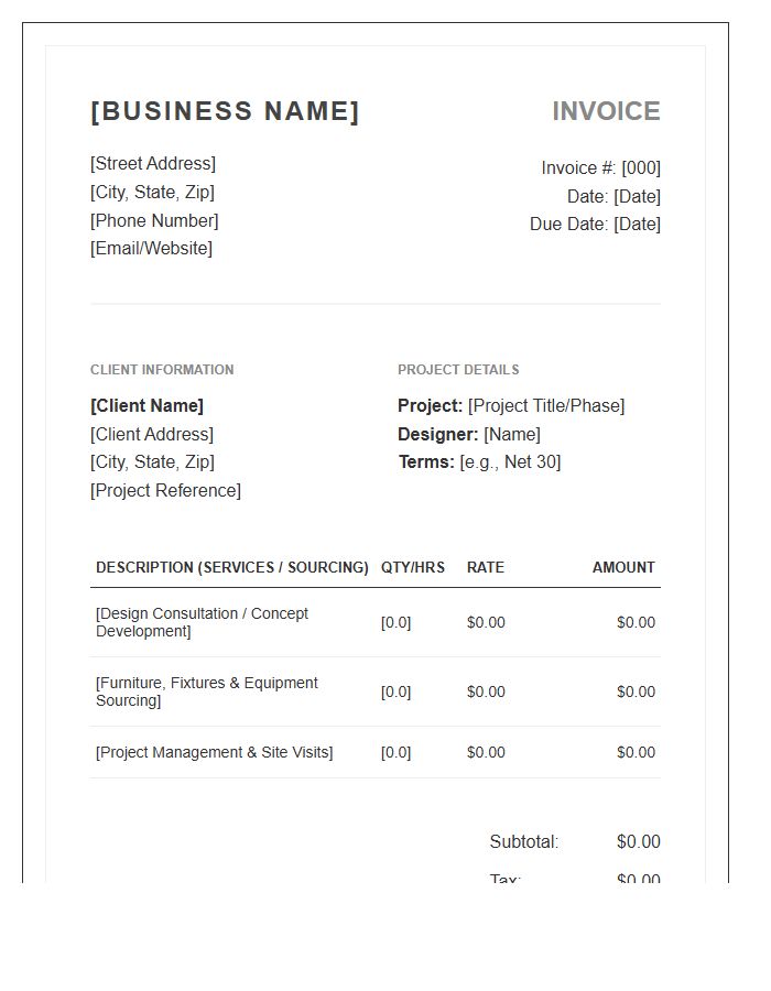 Standard Interior Decorator Business Invoice Template