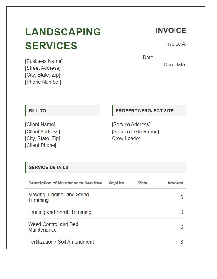Comprehensive Landscaping Maintenance Service Invoice Template