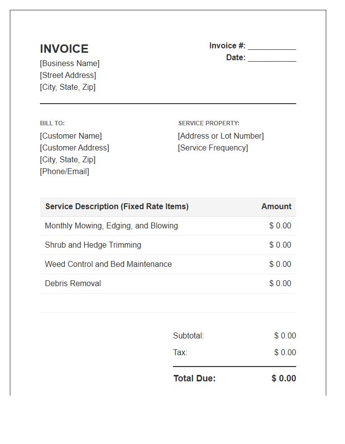 Fixed Rate Landscaping Maintenance Service Invoice Template
