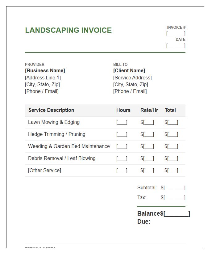 Hourly Landscaping Maintenance Service Invoice Template