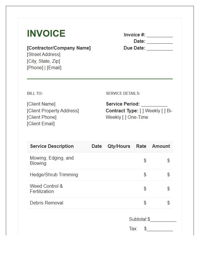 Landscape Contractor Maintenance Service Invoice Template
