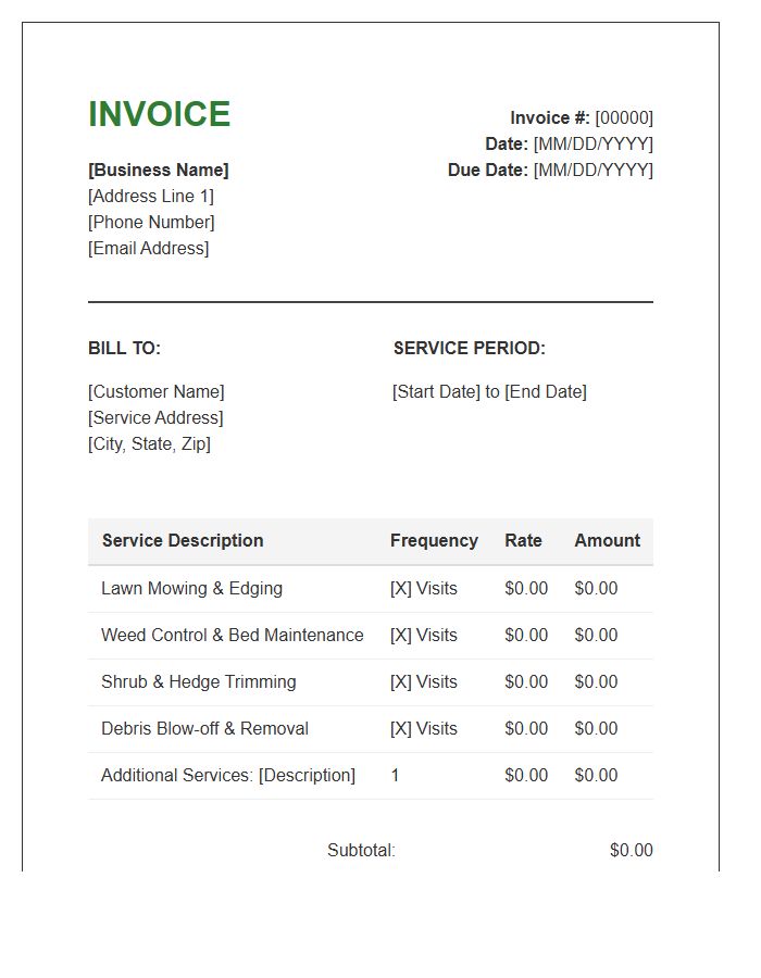 Monthly Landscaping Maintenance Service Invoice Template