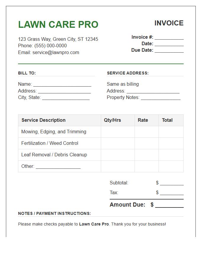 Residential Lawn Maintenance Service Invoice Template