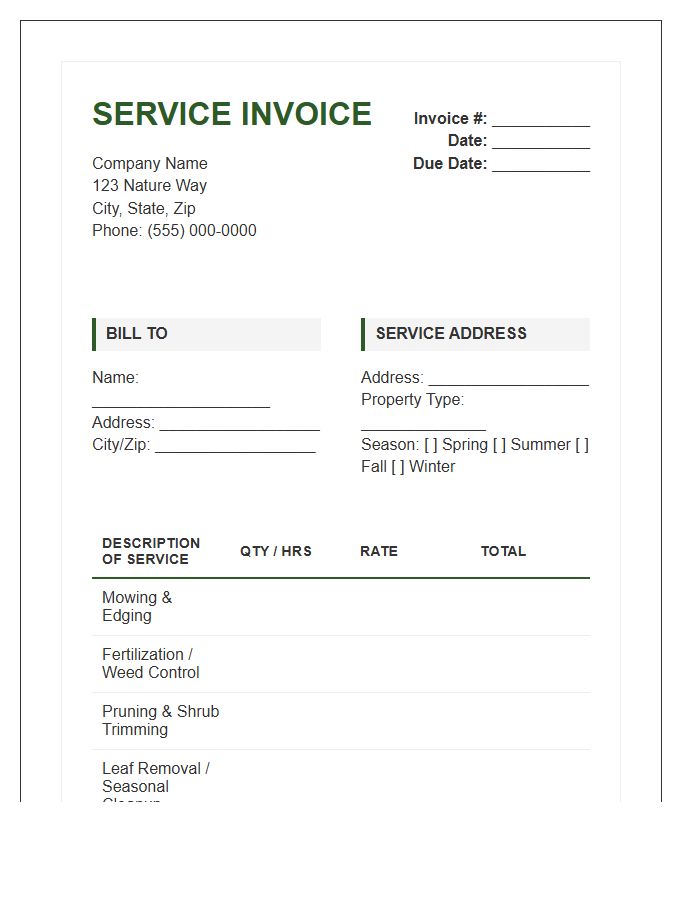 Seasonal Landscaping Maintenance Service Invoice Template