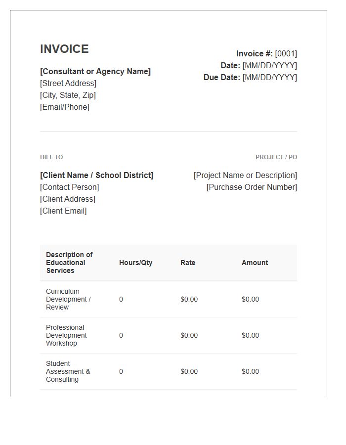 Education Consultant Professional Service Invoice Template