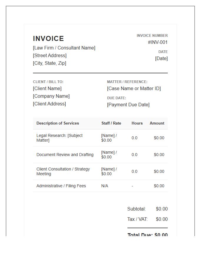 Legal Professional Consulting Service Invoice Template