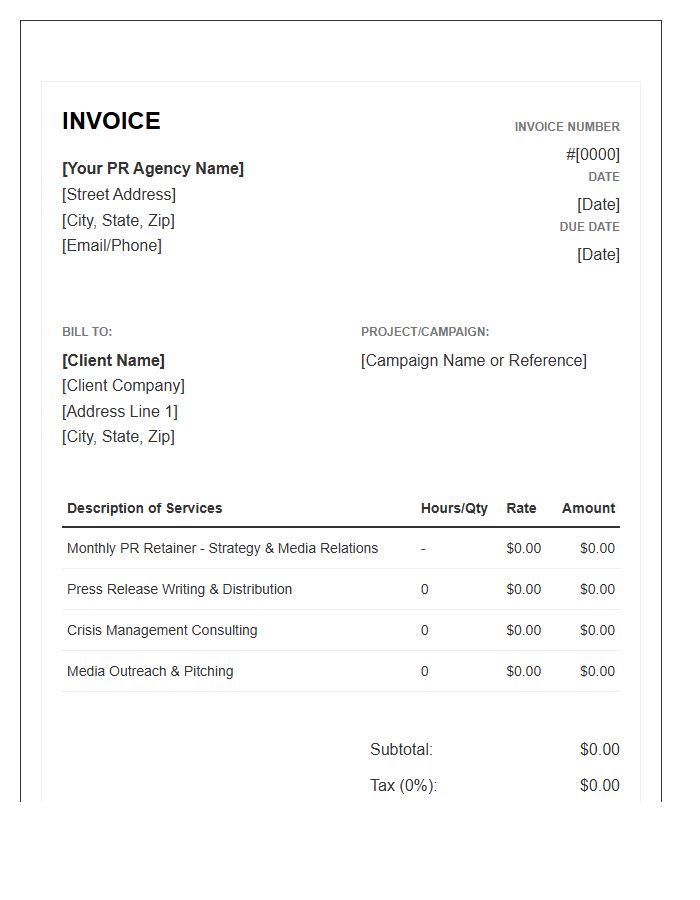 Public Relations Consulting Service Invoice Template