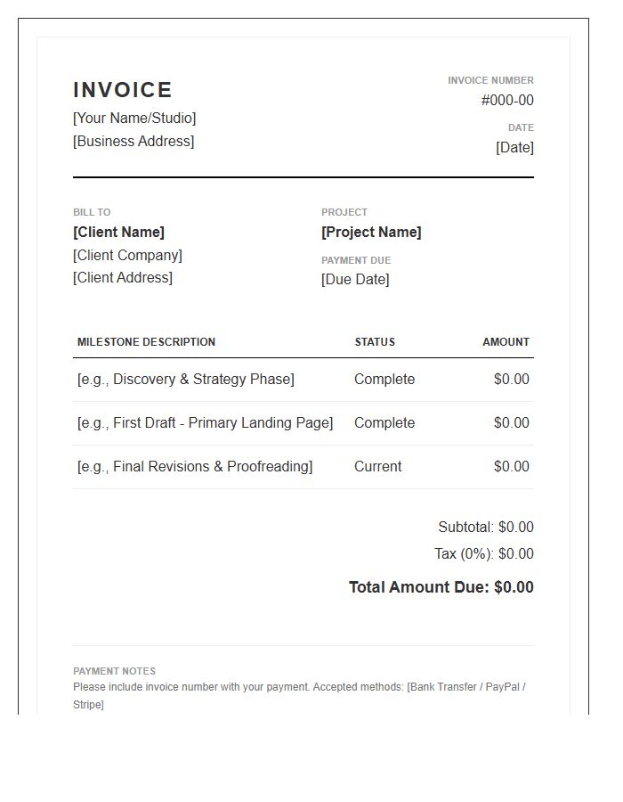 Creative Copywriter Project Milestone Invoice Template