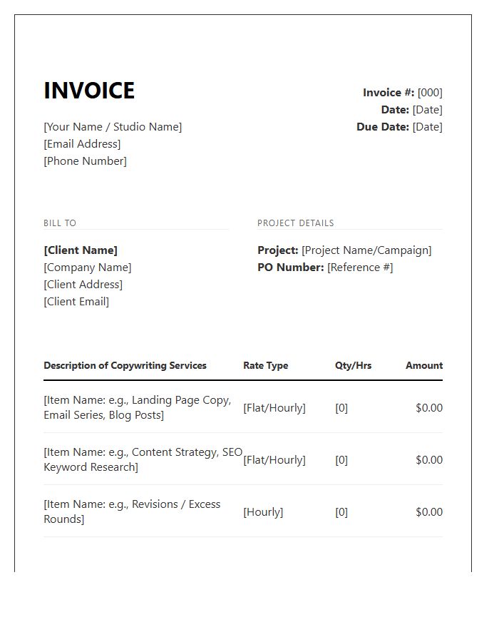 Digital Copywriter Project Billing Invoice Template