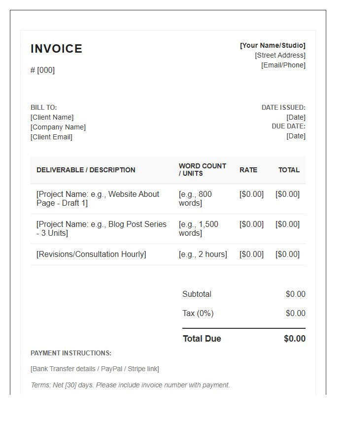 Freelance Copywriter Deliverable Tracking Invoice Template