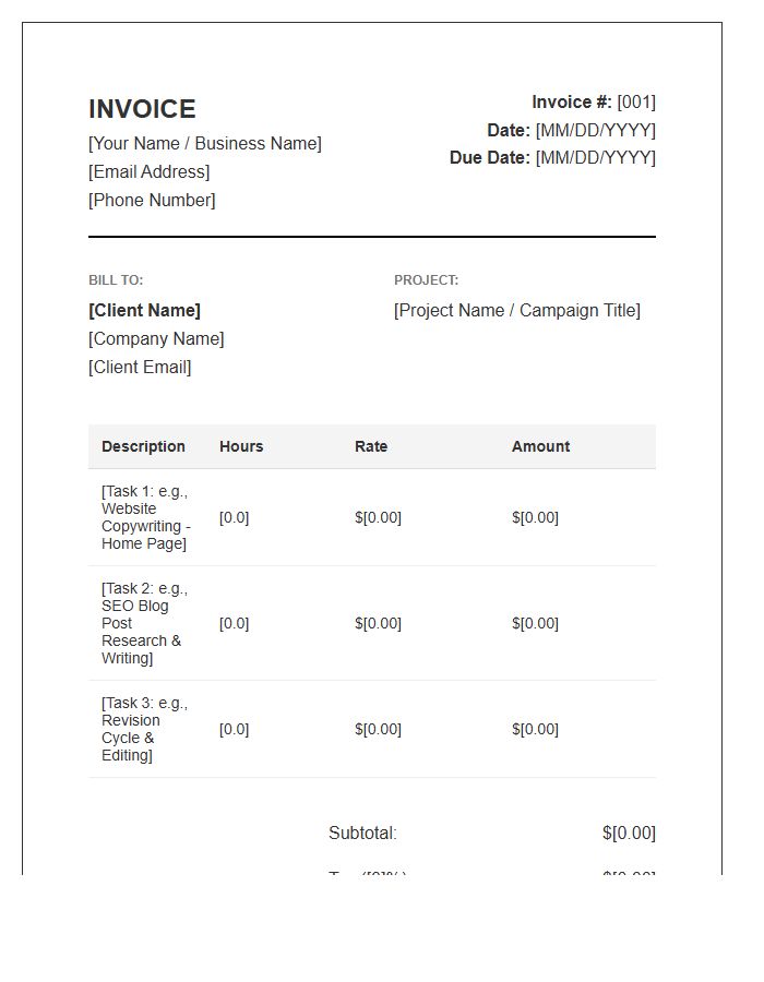 Freelance Copywriter Hourly Billing Invoice Template