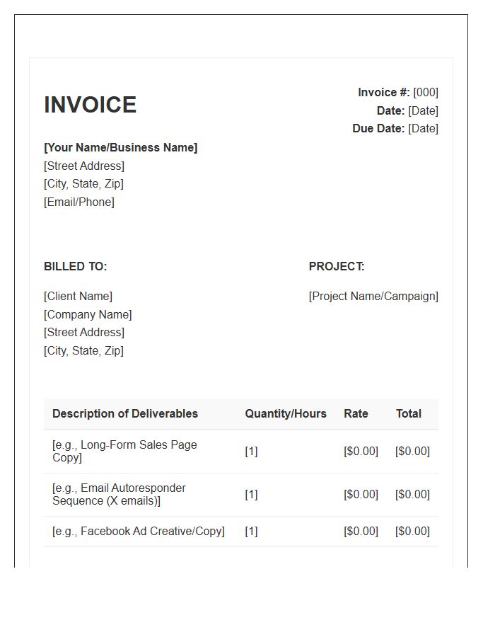 Freelance Direct Response Copywriting Invoice Template