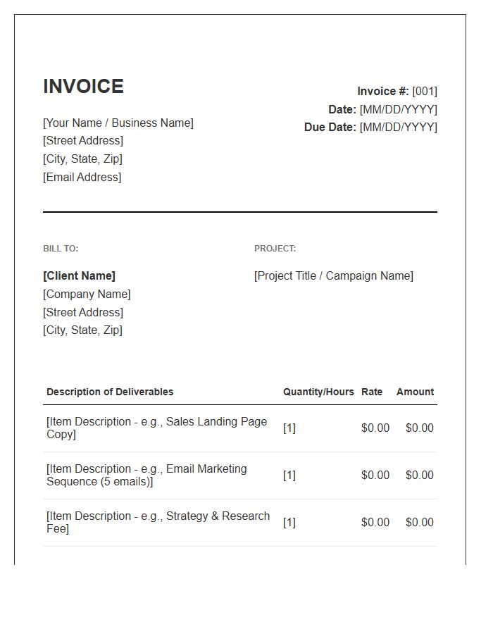 Marketing Copywriter Project Fee Invoice Template